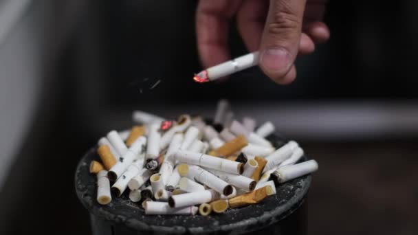 Mans Hand Presses Cigarette Butt Large Number Cigarettes Harmful Habits — Videoclip de stoc