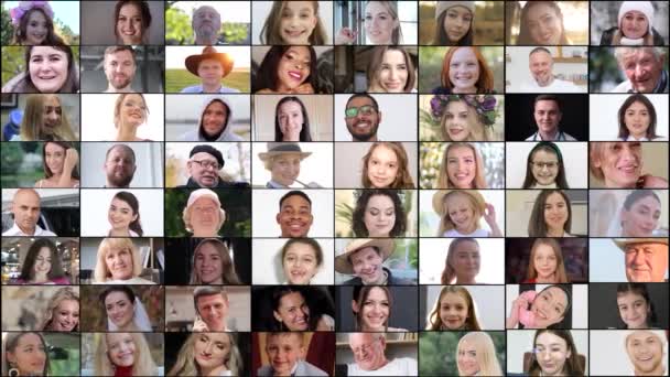 カメラを見て肯定的な人間の顔のグループ 異なる年齢の多国籍の人々のコラージュ 幸せな人々の概念 — ストック動画
