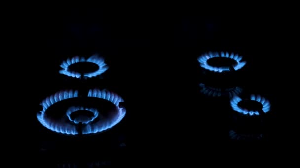 煤气炉的四个营房都在漆黑的背景下燃烧着蓝色的火焰 在现代人的需求中使用天然气 — 图库视频影像