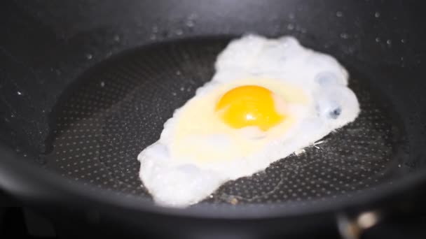 スクランブルエッグ 熱した油で熱い鍋にオムレツ 早く健康的な朝食 健康的な食事 — ストック動画