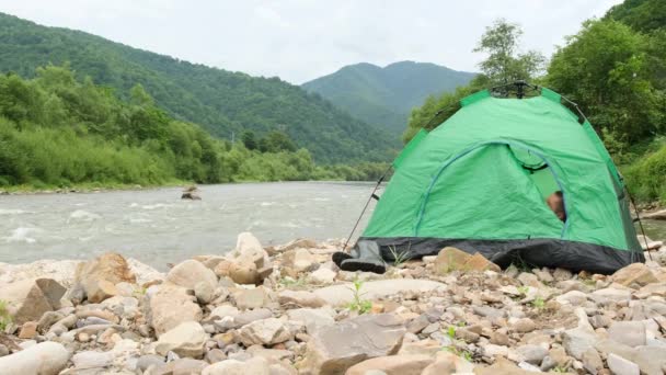 若いヨーロッパ人の男性は 速い川の近くの山々の間の緑のテントの中にいます 捨てられた場所で自然の中で休む — ストック動画
