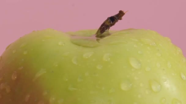 Zoomad Bild Ett Snurrande Grönt Äpple Med Vattendroppar Som Flödar — Stockvideo