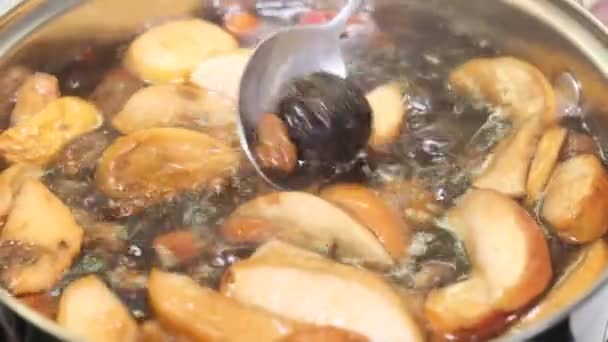 制作干果堆肥的特写 用勺子搅拌热的干果饮料 — 图库视频影像