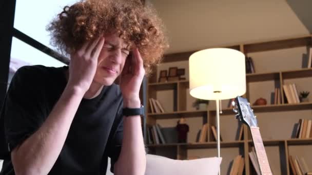 Young Man Strange Hairstyle Suffering Headache Curly Red Haired Boy — Stock Video