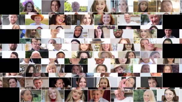 カメラを見て異なる年齢の幸せな肯定的な顔のマルチスクリーンアニメーション 幸せな人々の概念 異なる年齢の人々とのビデオのモンタージュ — ストック動画