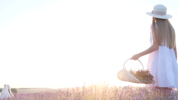 Genç Bir Kız Elinde Bir Sepet Çiçekle Parlak Güneş Işığının — Stok video