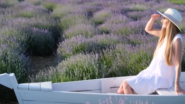 Hermosa Dama Estilo Blanco Posando Flores Lavanda Disfrutando Del Sol — Vídeos de Stock