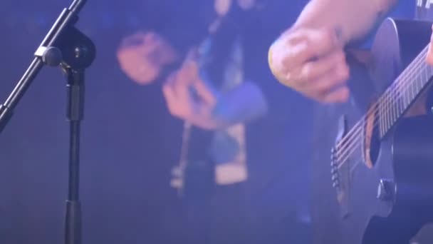 Müzisyenler Büyük Bir Sahnede Konser Sırasında Akustik Gitar Çalarlar Pop — Stok video