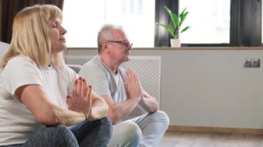 Güzel yaşlı çift oturma odasında yoga yapıyor, oturuyorlar. Meditasyonun tadını çıkar. Kendinle uyum içinde..