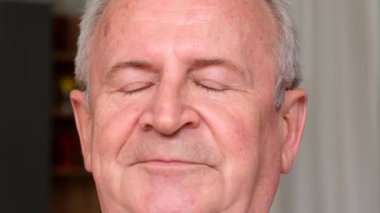 Yoğunlaşmış yaşlı, gri saçlı, gözleri kapalı bir büyükbabanın portresi. Eski emekli yakın plan.