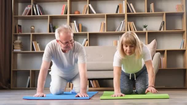 Güzel Yaşlı Çift Oturma Odasındaki Jimnastik Paspası Üzerinde Spor Yapıyor — Stok video