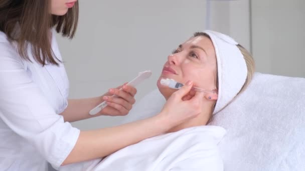 Cuidado Uma Cara Mulher Salão Beleza Usando Uma Máscara Barro — Vídeo de Stock
