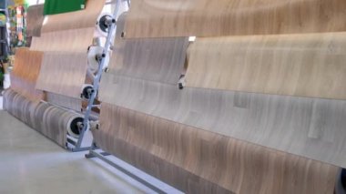 Bir nalburun vitrininde yeni muşamba ruloları. Büyük bir muşamba koleksiyonu. Evin içi ve tasarımı kavramı