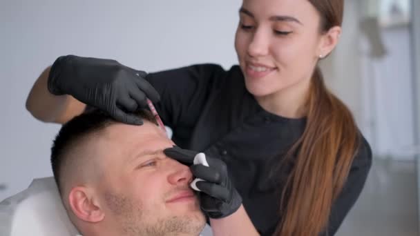 Handsome Man Receives Filler Injections Beauty Salon Hyaluronic Acid Male — Stock Video