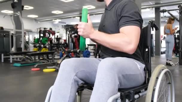 Tekerlekli Sandalyedeki Bir Adam Rehabilitasyon Sırasında Spor Salonunda Çalışıyor Özürlü — Stok video