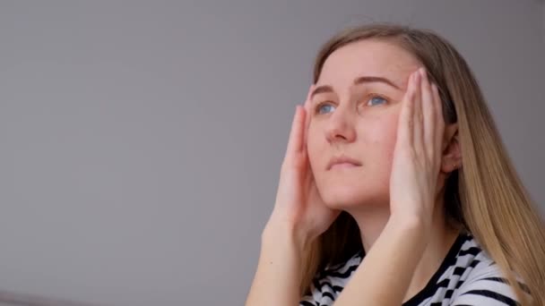 Close Attractive Sad Girl Touching Temples Feeling Bad Flu Illness — стоковое видео