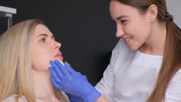 Cosmetologista Faz Injeções Nos Lábios Uma Linda Garota Procedimento Aumento — Vídeo de Stock