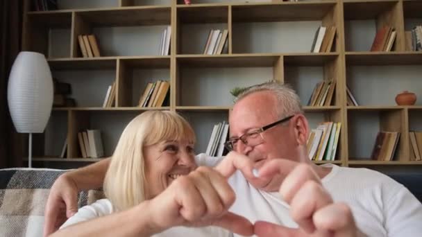 Amor Pareja Ancianos Compartiendo Sonriendo Casa Esposo Esposa Disfrutan Vida — Vídeo de stock