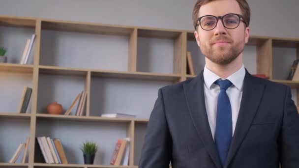 Confident Handsome Young Businessman Looking Camera Successful Worker Business Suit — Stock Video