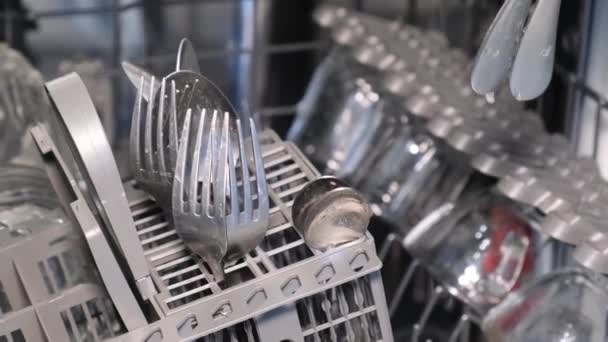 Bir Kadının Elinin Modern Bir Bulaşık Makinesine Mutfak Gereçleri Koyarkenki — Stok video