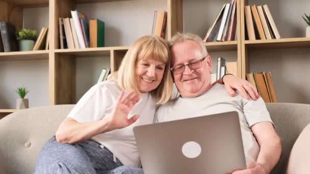 Ένα Χαμογελαστό Ζευγάρι Ερωτευμένων Ηλικιωμένων Μιλάει Μια Βιντεοκλήση Μέσα Από — Αρχείο Βίντεο