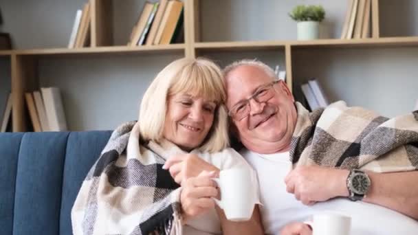 Man Woman Senior Couple Drinking Tea Relaxing Sitting Sofa Home — วีดีโอสต็อก