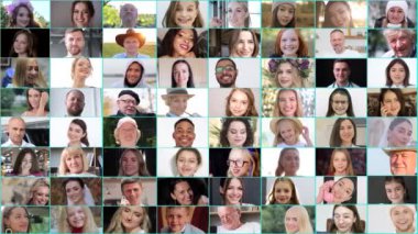 A collage of many different people looking into the camera lens and smiling. 4k video
