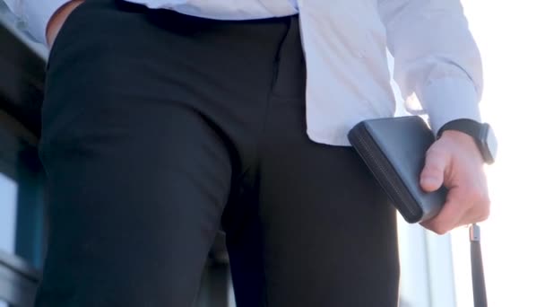 Stylish Businessman Holds Wallet His Hands Background Suns Rays — стокове відео