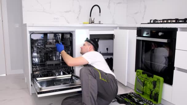 Professional Repair Dishwashers Repairman Repairing Dishwasher Kitchen — Vídeos de Stock