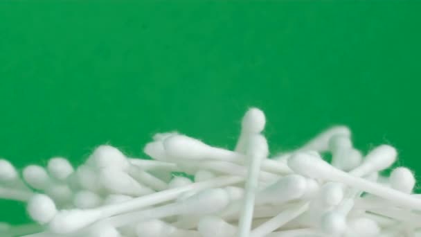 Pile Plastic Cotton Swabs Buds Top View Close — Stock Video