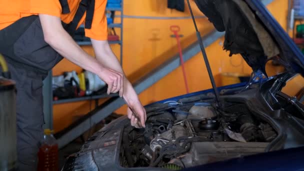 Mechanic Car Service Checks Engine Car Car Repair Service Usa — Vídeo de Stock