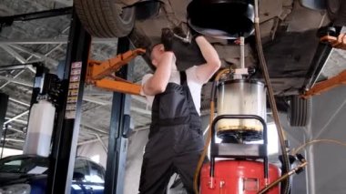 A worker working under a car changes the engine oil. A car mechanic works at a car service.