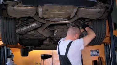 A car mechanic tightens the wheel with a wrench. Car chassis repair. Auto service USA.