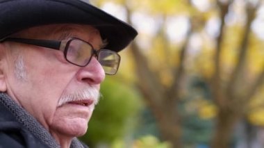 A lonely old pensioner sits in an autumn park on a bench and looks somewhere. Beautiful autumn colors. Elderly