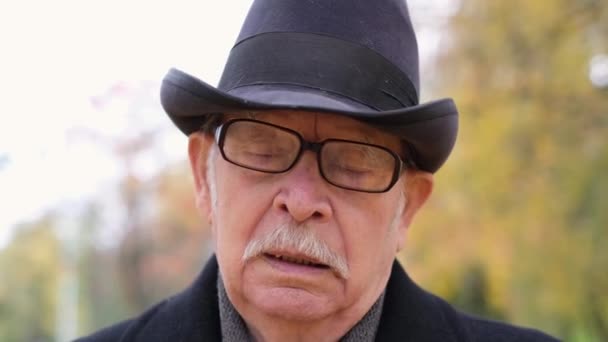 Kind Old Grandfather Hat Walks Autumn Park Looks Camera Healthy — Vídeo de stock