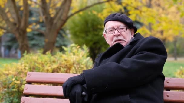 Wise Old Senior Sits Bench Autumn Park Says Something Seniors — Vídeos de Stock