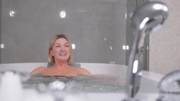 Portrait Smiling Blonde Woman Taking Hot Bath Warm Bubbles Health — Wideo stockowe