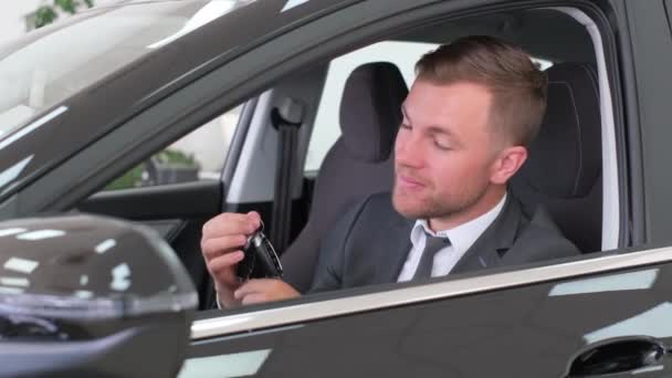 Young European Driver Car Sharing Concept Vehicle Premium Transport Happy — Videoclip de stoc