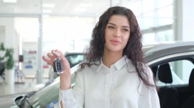 Happy brunette woman owner of a new car. She is in a car dealership and shows the keys.