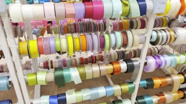 Ribbons Different Colors Different Materials Textile Shop — Vídeo de Stock
