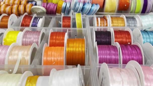 Gift Ribbons Different Colors Textile Store Slow Motion — Vídeos de Stock