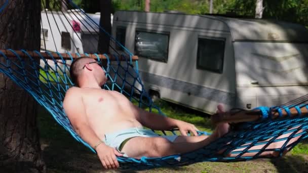Young Happy Man Resting Relaxing Hammock Outdoors Woods Travel Leisure — Wideo stockowe