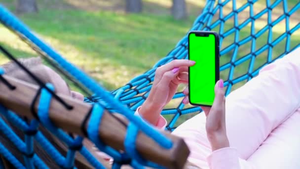 Young Woman Resting Forest She Lying Hammock Using Smartphone Green — Stock video