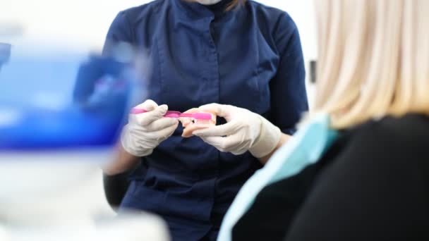 Руки Стоматолога Показывающие Правильно Чистить Зубы Манекене Полости Рта Челюсти — стоковое видео