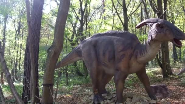 Una Maqueta Bebé Dinosaurio Está Medio Del Bosque Sacude Cabeza — Vídeo de stock