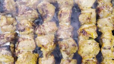 Cooking a juicy pork kebab on the grill. Shish kebab from processed meat cooked on fire. The meat is smoked