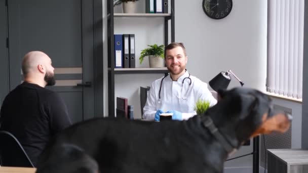 Dog Its Owner Veterinary Clinic Large Purebred Dog Sitting Table — Stock Video