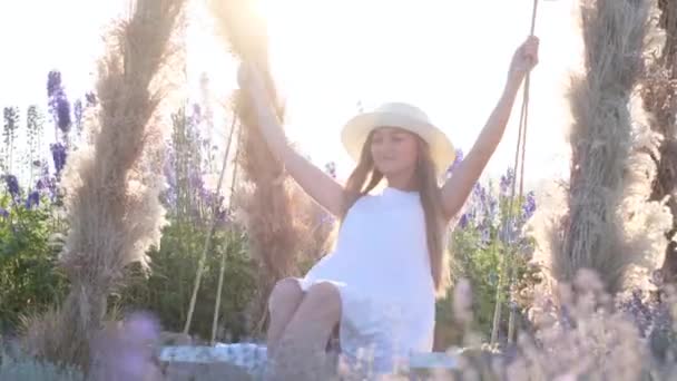 一个年轻女子在野花间荡秋千的美丽视频 在现场拍照 对美的激情 与你自己和谐相处 — 图库视频影像