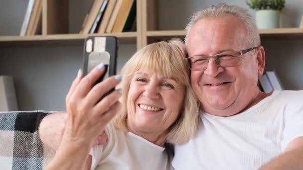 Alegre Ancianos Abuelos Divirtiéndose Sosteniendo Teléfono Tomando Foto Autorretrato Sentado — Vídeos de Stock