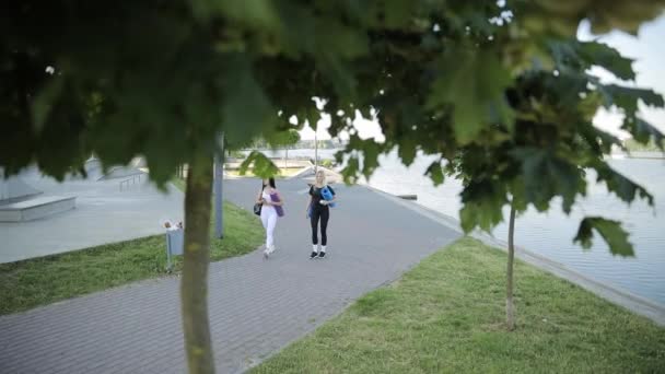 Unga Idrottskvinnor Sportkläder Går Fitnessträning Stadsparken — Stockvideo